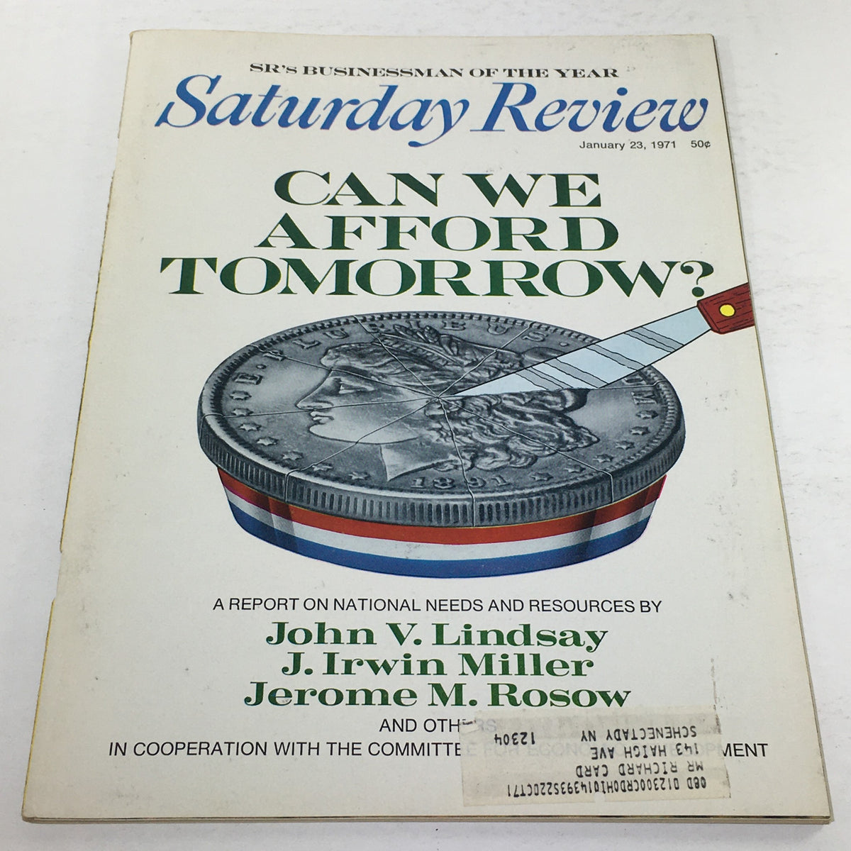 Cover of the VTG Saturday Review: January 23, 1971 featuring the title 'Can We Afford Tomorrow?' and a visual representation of a coin, authored by John V. Lindsay and J. Irwin Miller.