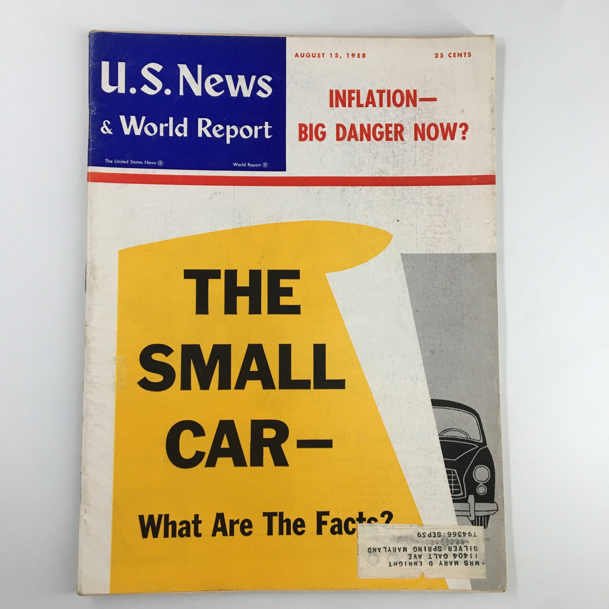 Cover of US News & World Report Magazine dated August 15, 1958, featuring a headline on inflation and a discussion about small cars.