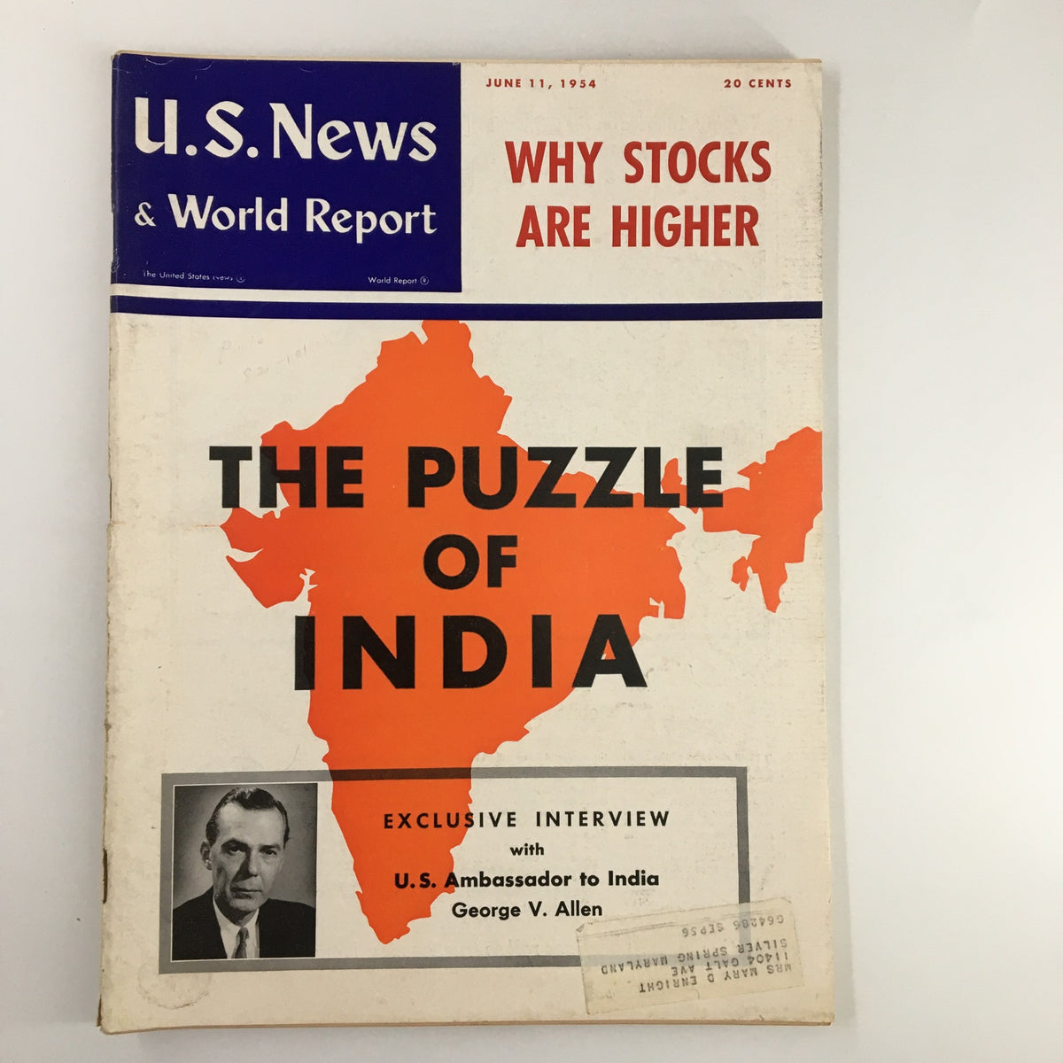 US News & World Report Magazine June 11, 1954 cover featuring an article titled 'The Puzzle of India' with a prominent image of India in orange, along with a photo and exclusive interview with U.S. Ambassador George V. Allen.