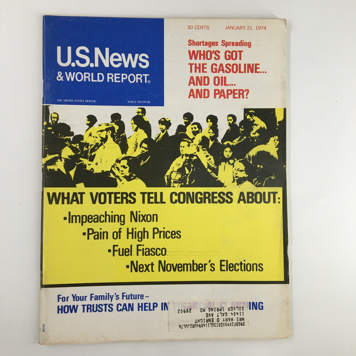 US News & World Report Magazine January 21 1974 cover featuring headlines such as 'Impeaching Nixon', 'Pain of High Prices', and 'Fuel Fiasco', reflecting voter concerns and political issues from that era.