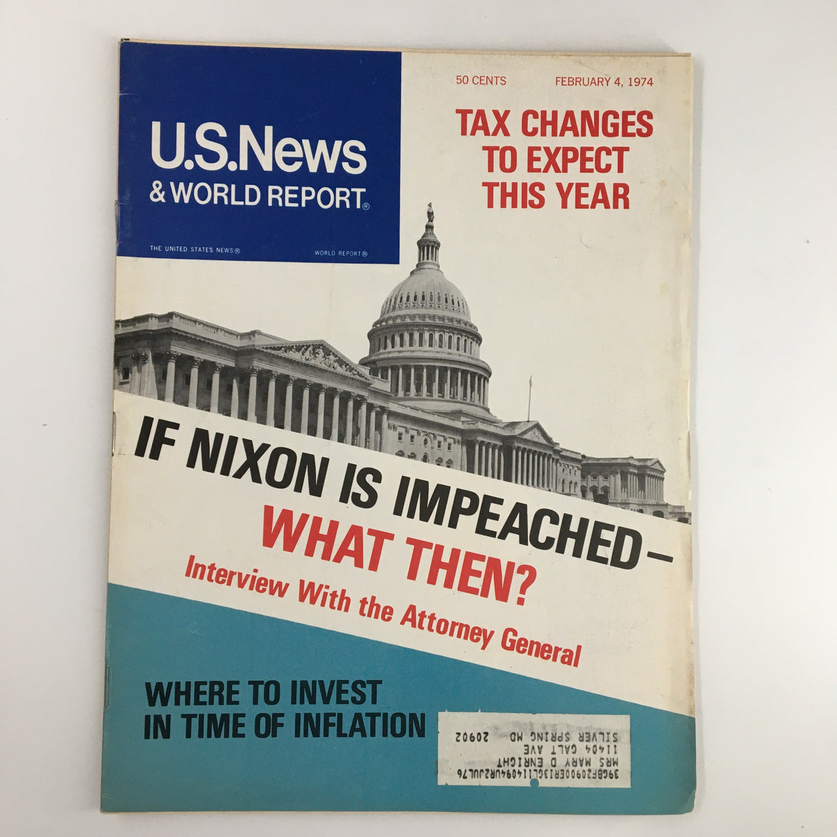 Cover of US News & World Report Magazine February 4, 1974, featuring headline on tax changes and an image of the U.S. Capitol building.