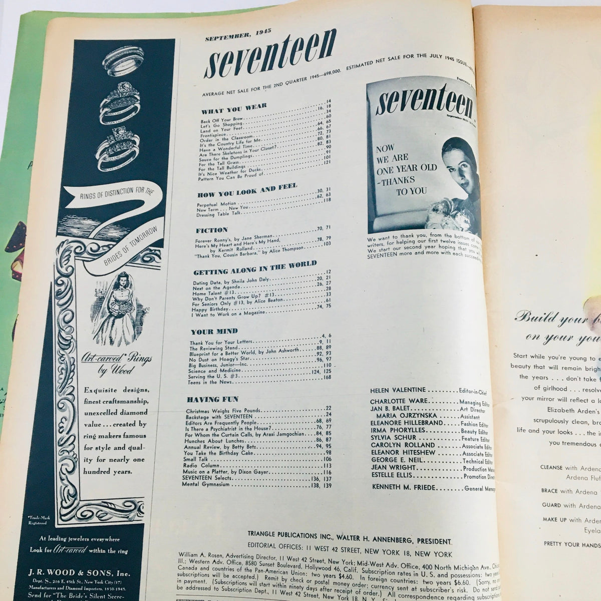 Inside page of Seventeen Magazine September 1945 displaying the contents and articles, featuring insights into teen life and vintage trends.