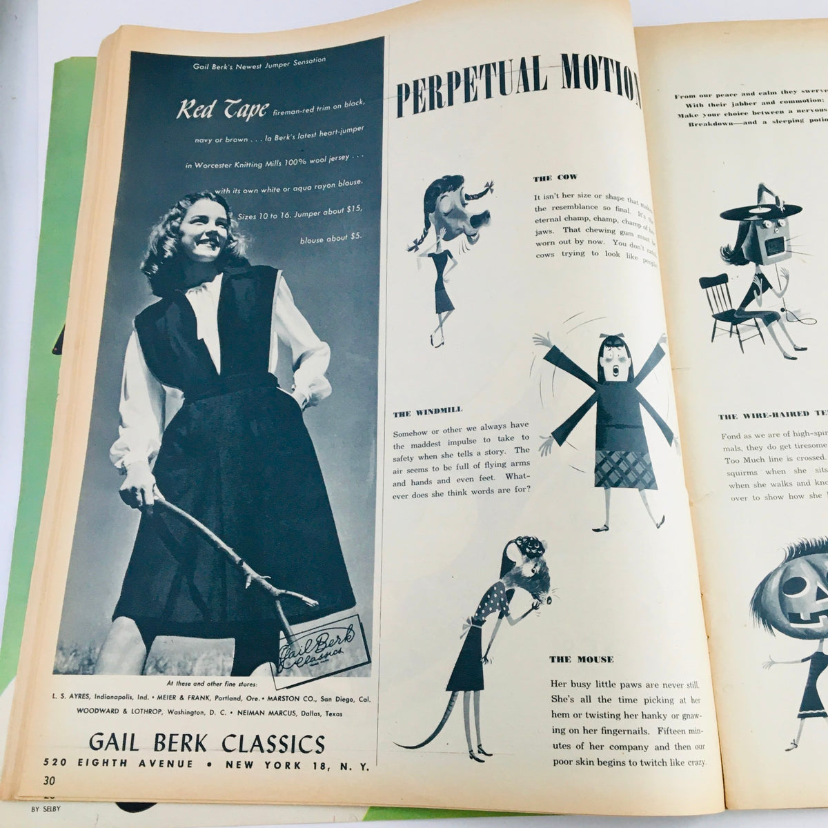 Seventeen Magazine September 1945 advertisement for Gail Berk's fashion, showcasing a woman modeling a trendy jumper with playful illustrations on the opposite page.