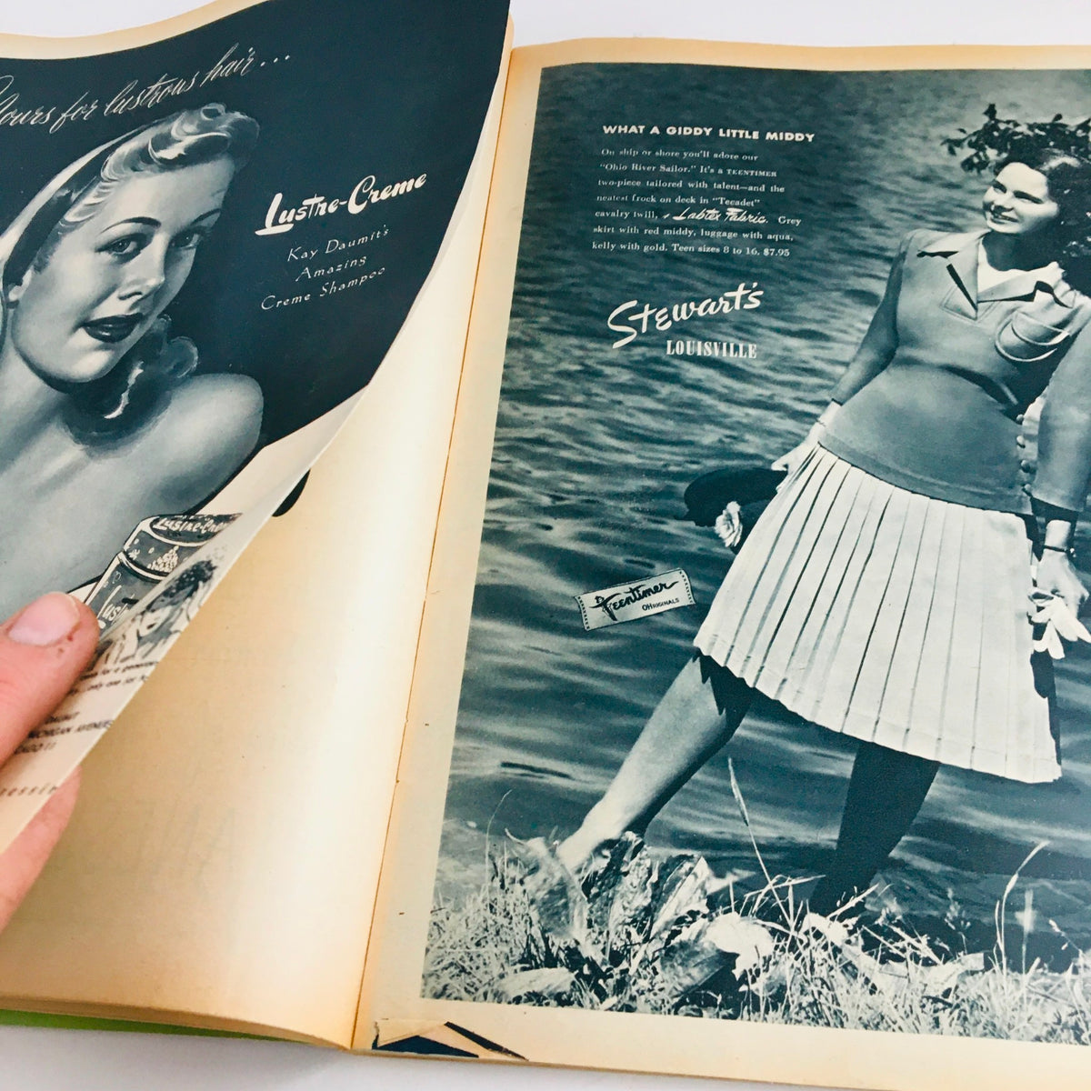 Seventeen Magazine September 1945 featuring an advertisement for Lustre-Creme hair products alongside a fashionable woman by a water body, demonstrating mid-20th century aesthetics.
