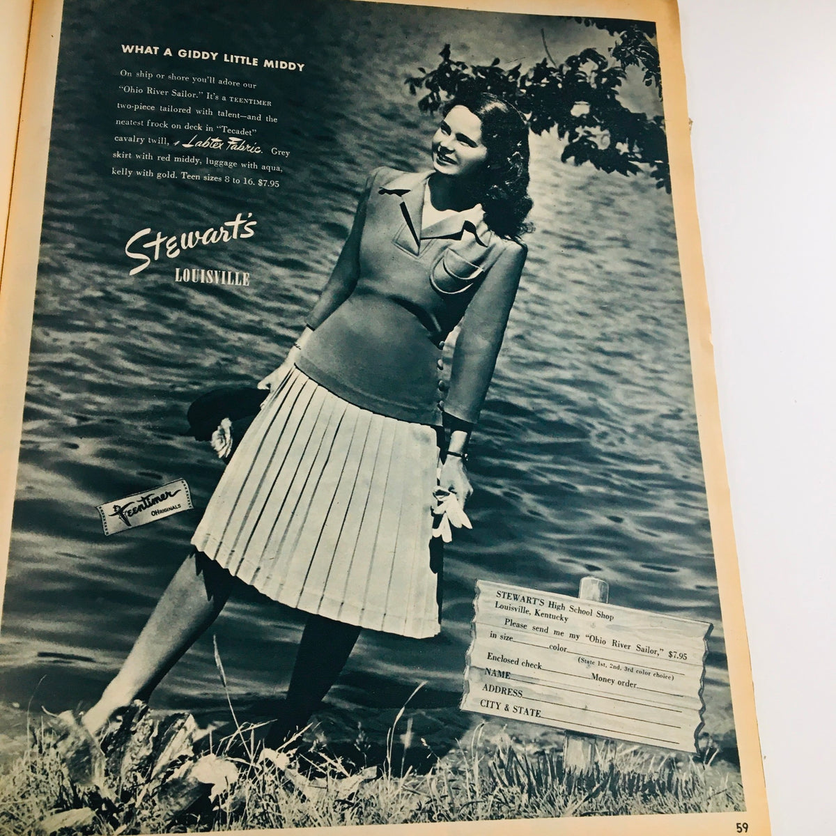 Seventeen Magazine September 1945 again features a model in a stylish outfit by water, advertising the 'Ohio River Sailor' knitwear, perfectly encapsulating 1940s fashion.