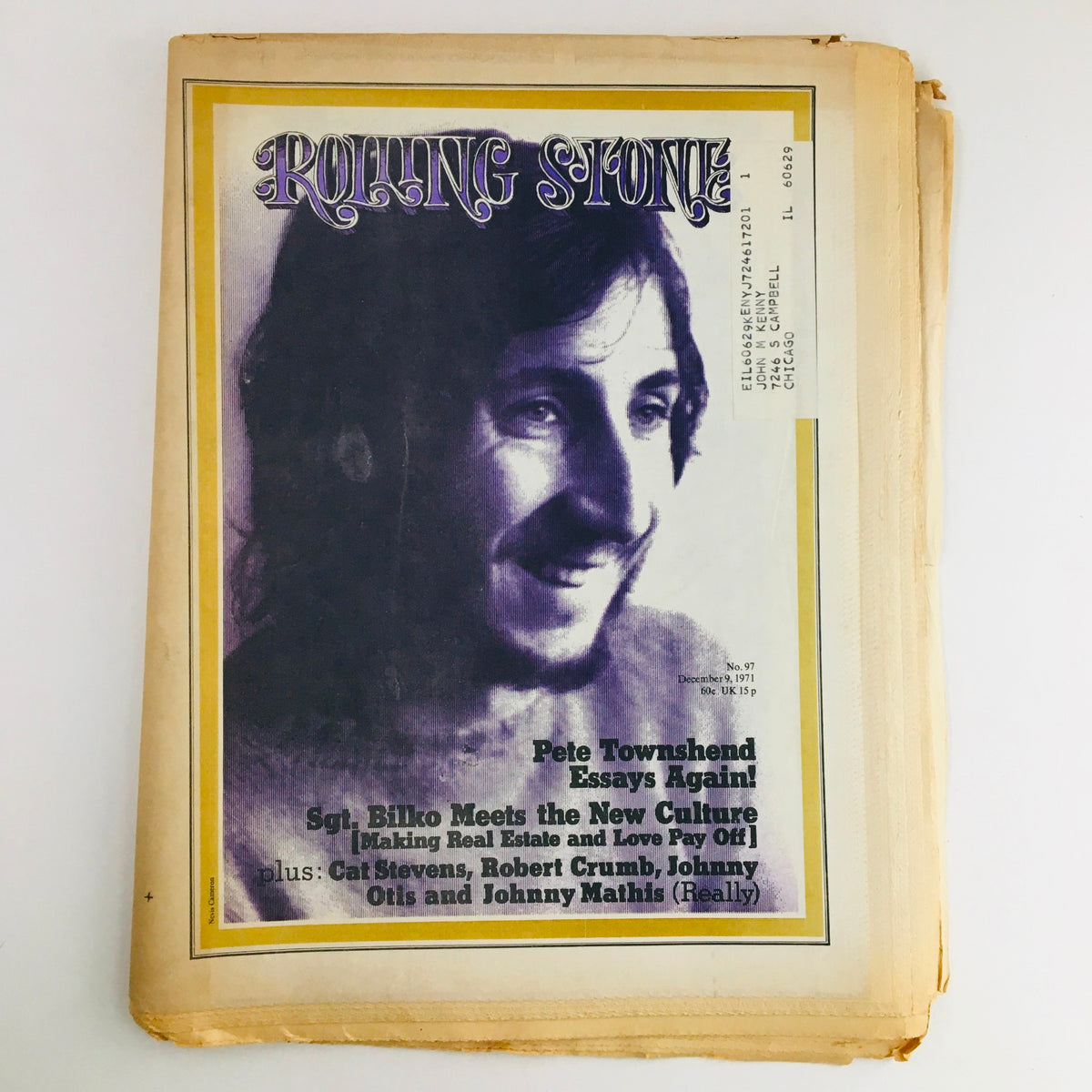 Cover of Rolling Stone Magazine, December 9, 1971, issue number 97 featuring Pete Townsend. The cover highlights articles on music culture, including essays by Pete Townsend and features on Cat Stevens and Johnny O.
