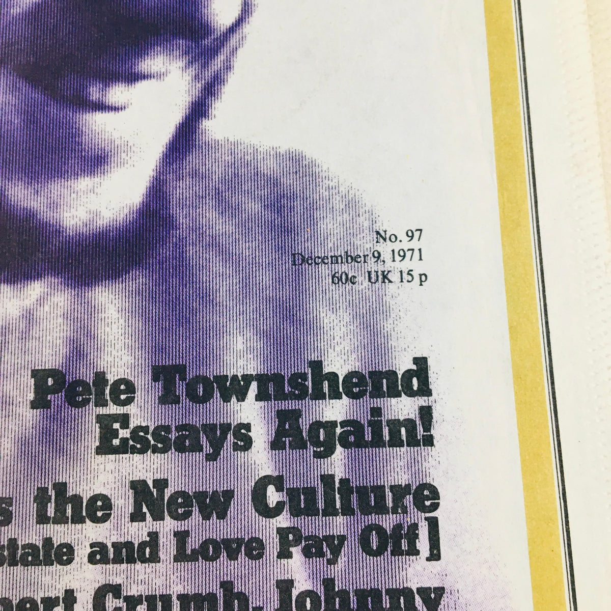 Close-up of the Rolling Stone Magazine cover dated December 9, 1971, issue number 97. The text prominently displays Pete Townsend's name along with essays and highlights of the magazine's content.