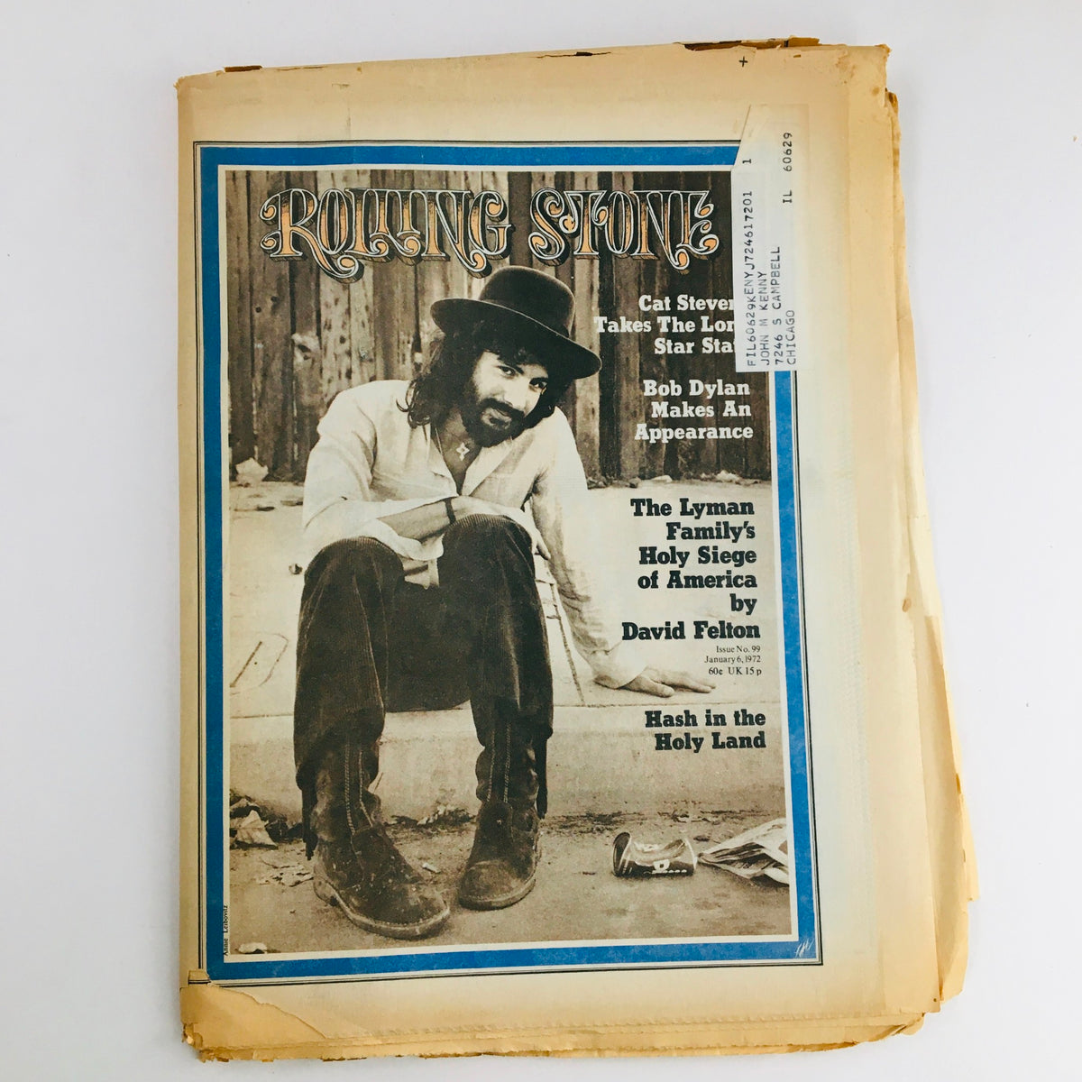 Cover of Rolling Stone Magazine January 6, 1972, issue #99 featuring Cat Stevens, Bob Dylan, and article by David Felton, showcasing the cultural music landscape of the early 1970s.