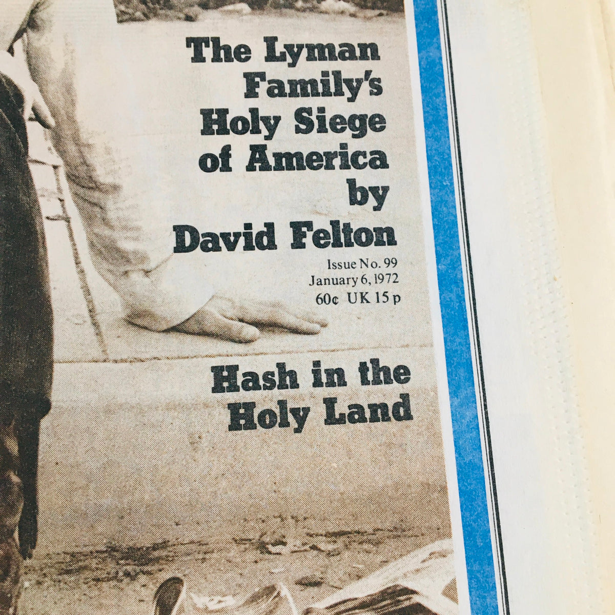 Detail from the Rolling Stone Magazine January 6, 1972, issue #99, featuring the article 'The Lyman Family's Holy Siege of America' by David Felton and the title 'Hash in the Holy Land'.