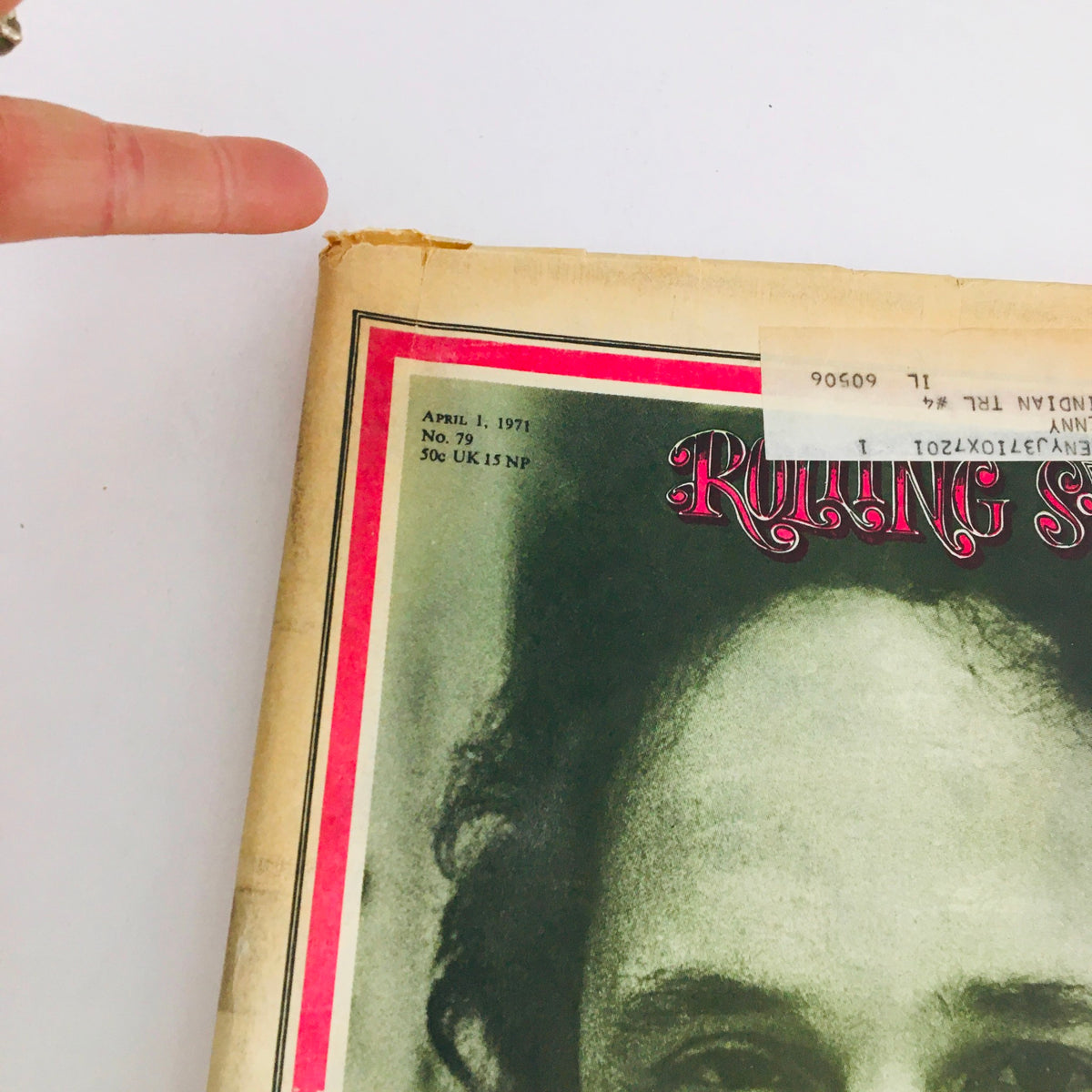 Close-up view of the Rolling Stone Magazine April 1 1971 Cover, showing details of The Greening of Nicholas Johnson and vintage address label.