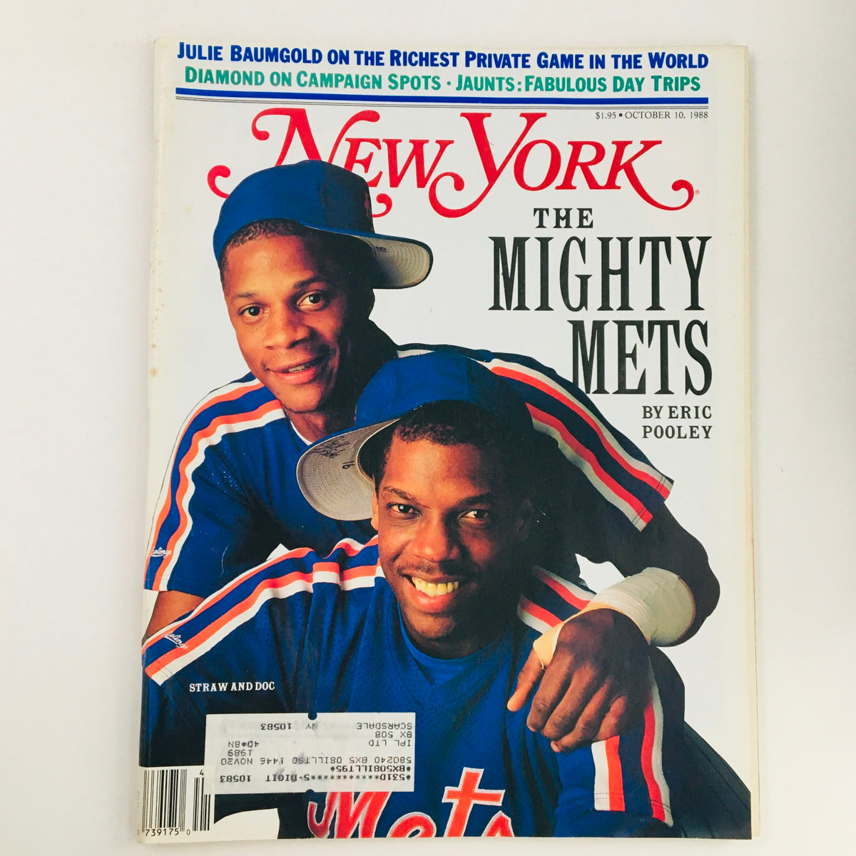Cover of New York Magazine dated October 10, 1988, featuring Darryl Strawberry and Dwight Gooden, titled 'The Mighty Mets'.