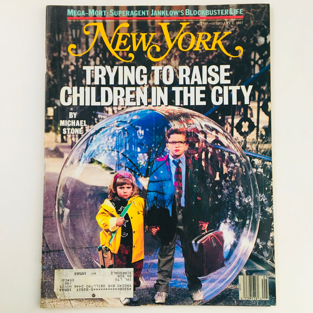 Cover of New York Magazine from February 2, 1987, featuring the title 'Trying To Raise Children In The City' with two children in a bubble, showcasing urban parenting themes.