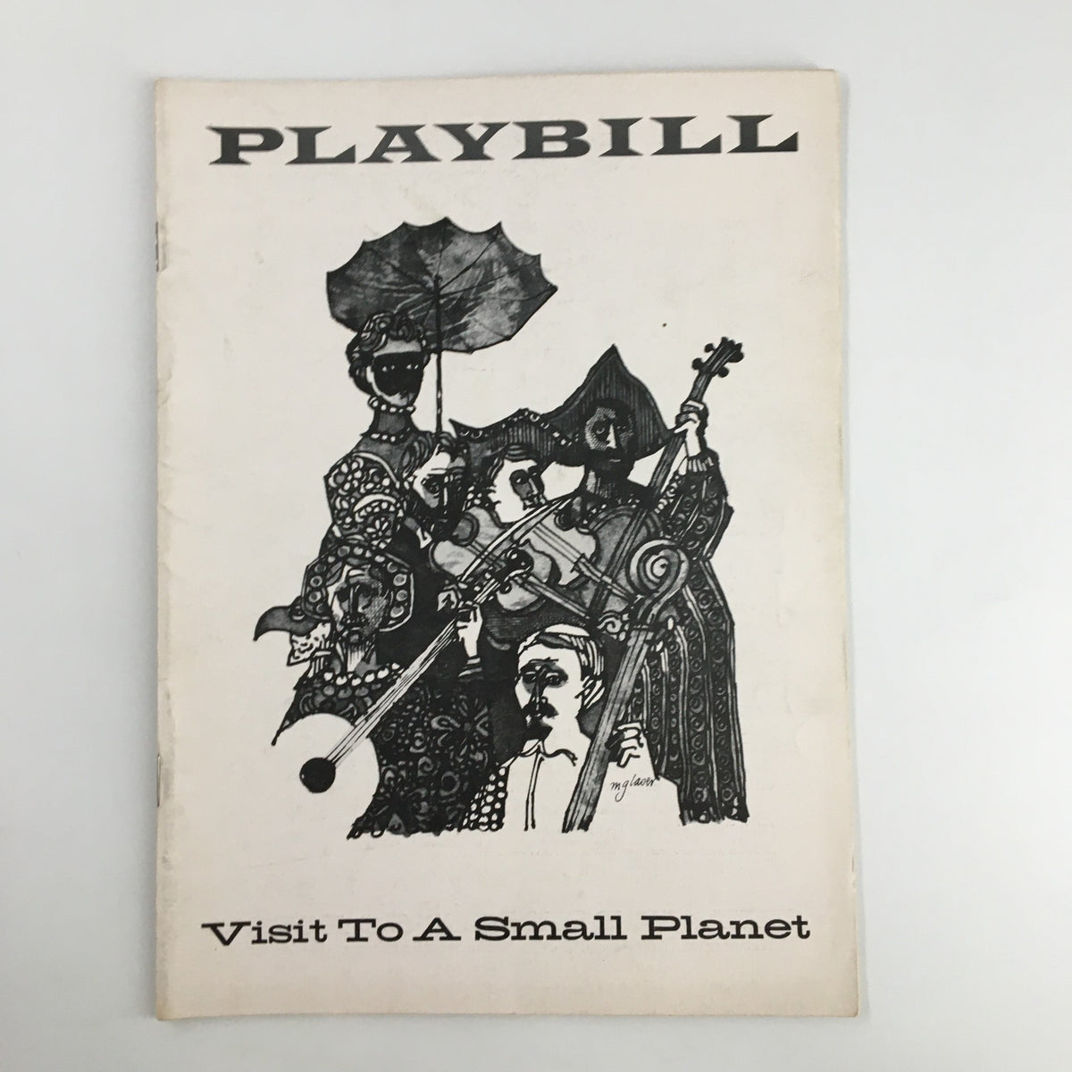 1957 Playbill for Visit To A Small Planet featuring a striking black and white illustration of characters from the play.