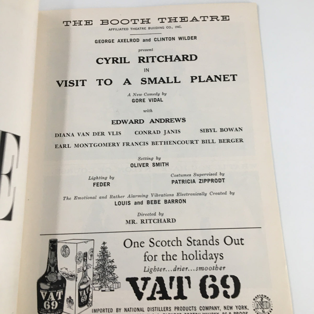 Inside page of the 1957 Playbill for Visit To A Small Planet showcasing cast details and credits, highlighting Cyril Ritchard's role.