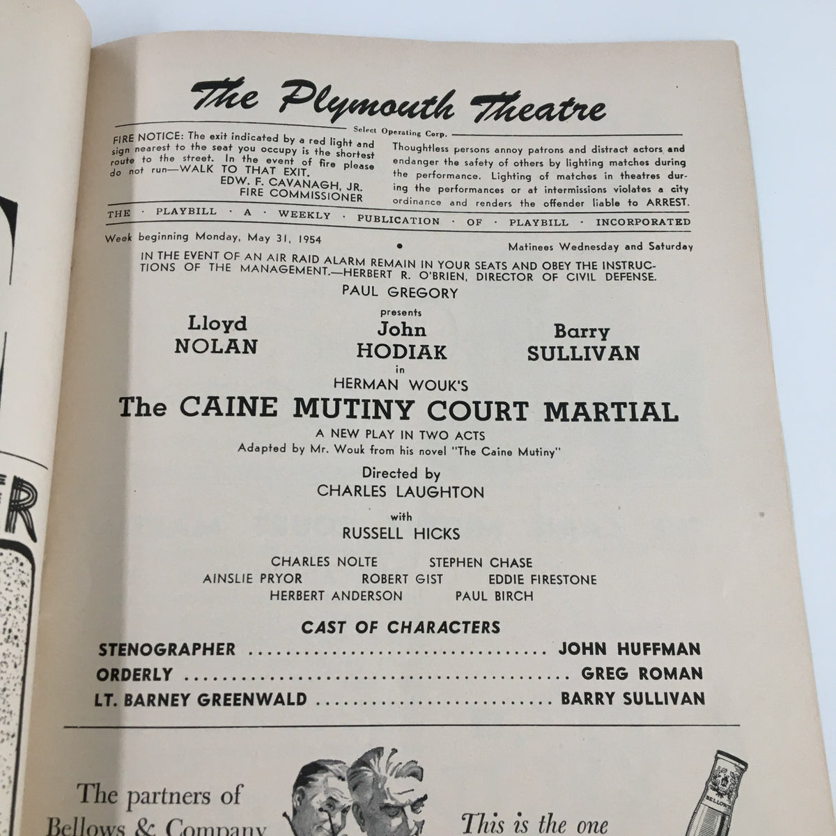Inside page of the 1954 Playbill for The Plymouth Theatre, showcasing cast details for Herman Wouk's The Caine Mutiny Court Martial, including notable actors and production information.