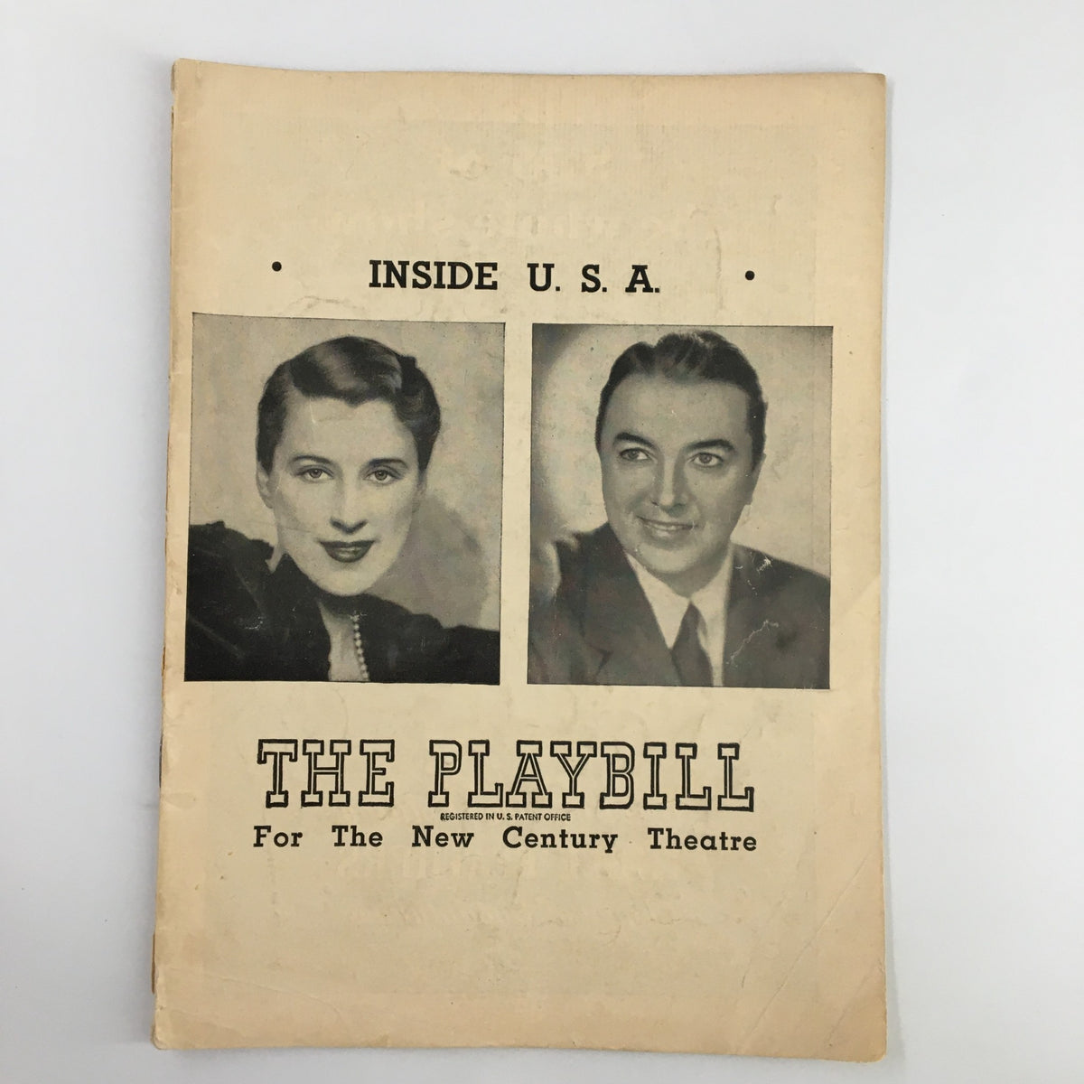 1948 Playbill for the New Century Theatre featuring Beatrice Lillie and Jack Haley in Inside the USA, showcasing their vintage portraits on the cover.