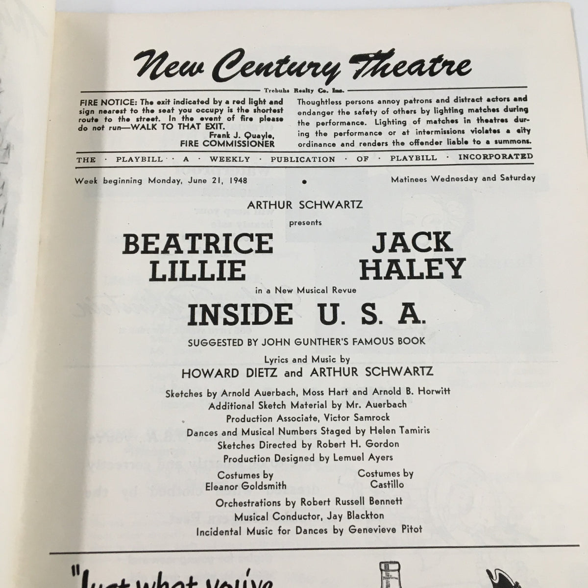 Inside page of the 1948 Playbill for the New Century Theatre, detailing performers Beatrice Lillie and Jack Haley in the musical revue Inside the USA.