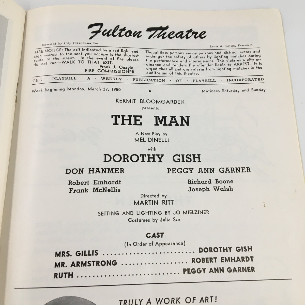 Interior page of the 1950 Playbill for the Fulton Theatre, detailing the cast and production of 'The Man' by Mel Dinelli with Dorothy Gish.