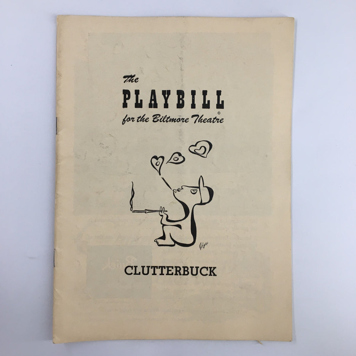 Front cover of the 1950 Playbill for Clutterbuck at the Biltmore Theatre featuring whimsical illustration and vintage design.