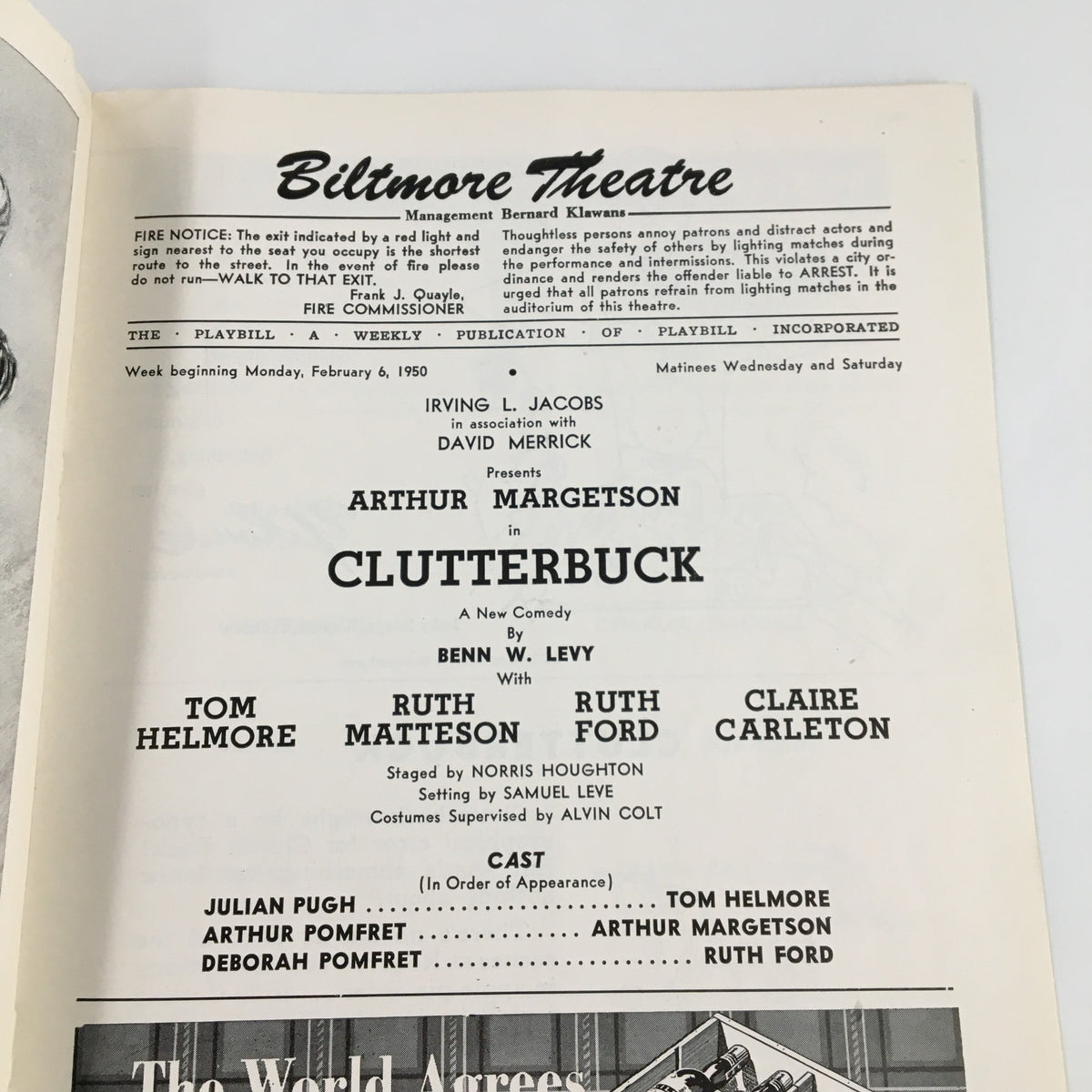 Interior page of the 1950 Playbill showcasing cast details for Clutterbuck, starring Arthur Margetson, at the Biltmore Theatre.