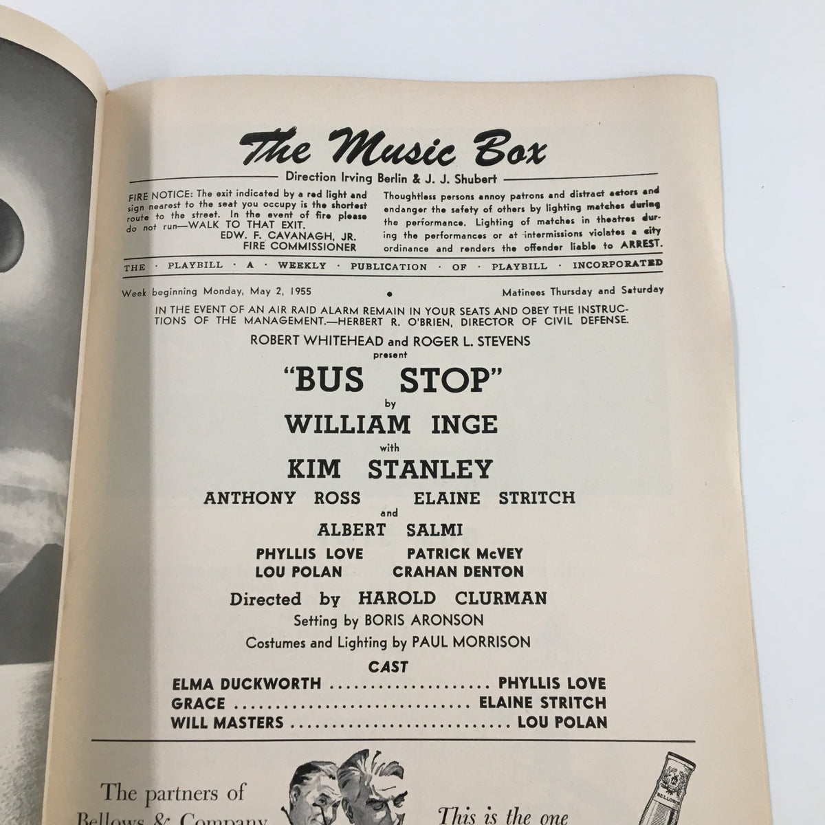 1955 Playbill The Music Box Bus Stop interior page highlighting cast details, production information, and creative team credits.