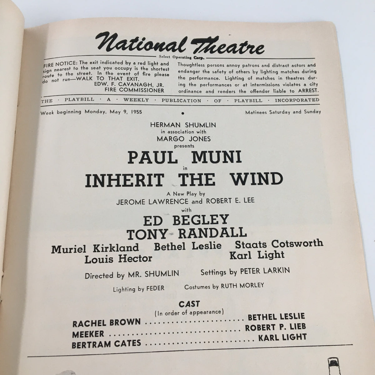 1955 Playbill for Inherit The Wind by Jerome Lawrence, displaying the cast and production details from the National Theatre.
