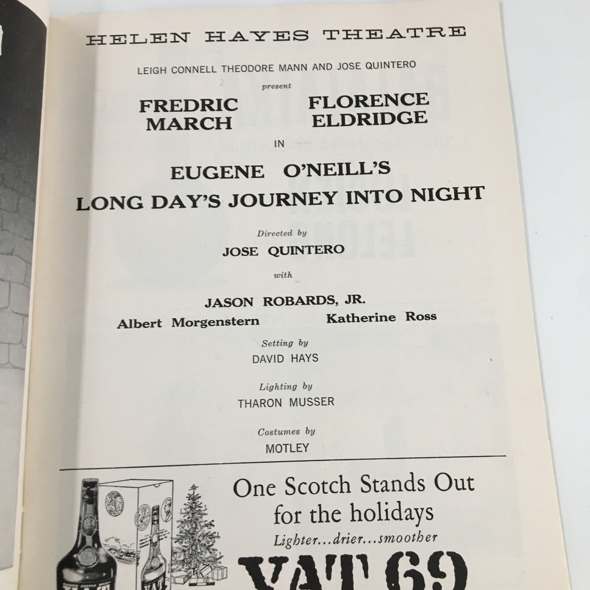 Interior page of the 1957 Playbill for Eugene O'Neill's Long Day's Journey Into Night featuring cast credits at the Helen Hayes Theatre.