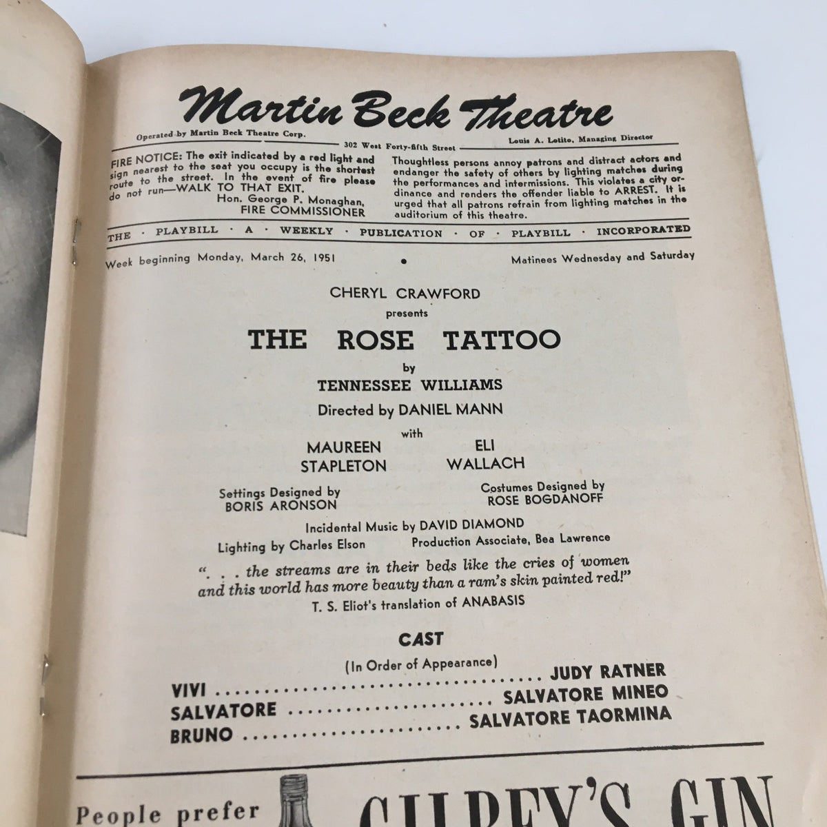 1951 Playbill for 'The Rose Tattoo' by Tennessee Williams at Martin Beck Theatre featuring cast details and production credits, showcasing a piece of classic theatrical history.