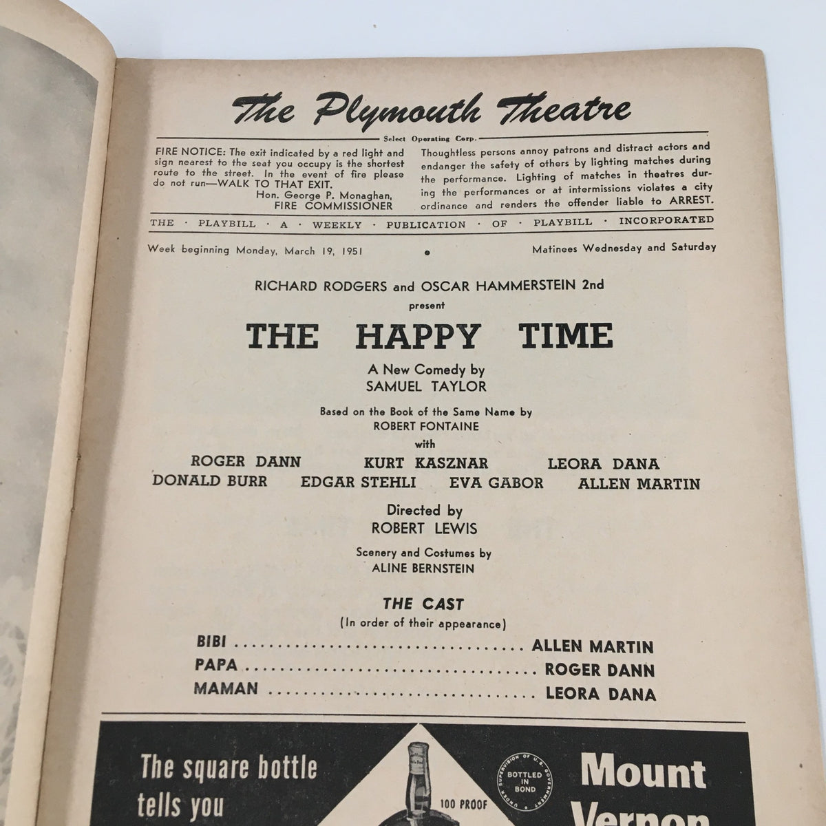 Interior page of the 1951 Playbill from The Plymouth Theatre showcasing the cast list and production details for 'The Happy Time'.