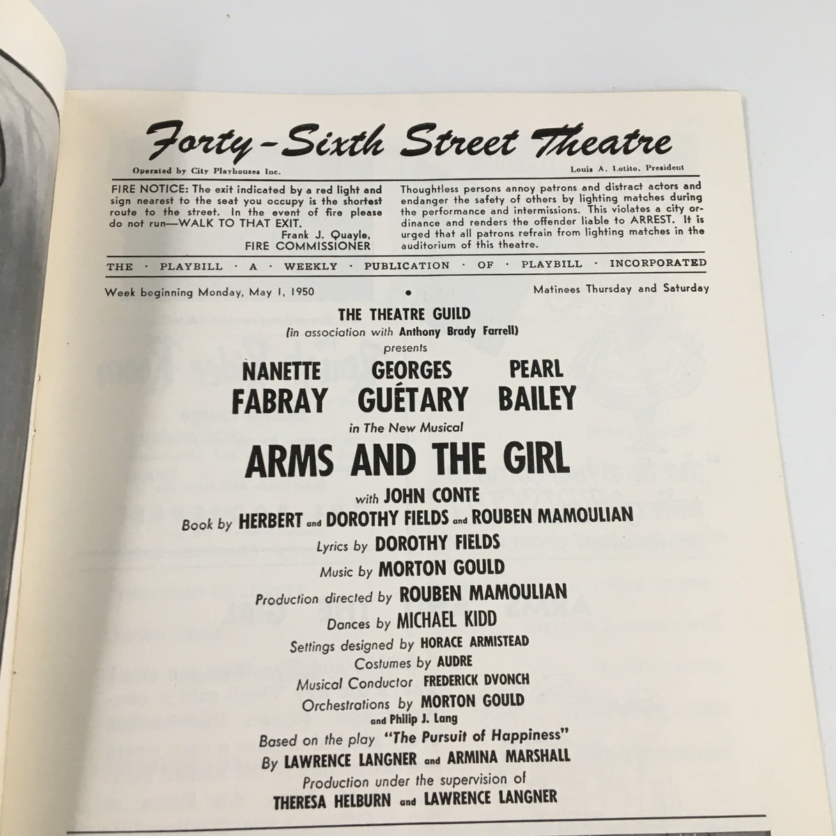 Interior page of the 1950 Playbill for Arms and the Girl, detailing the cast and creative team, including Nanette Fabray, at the Forty-Sixth Theatre.