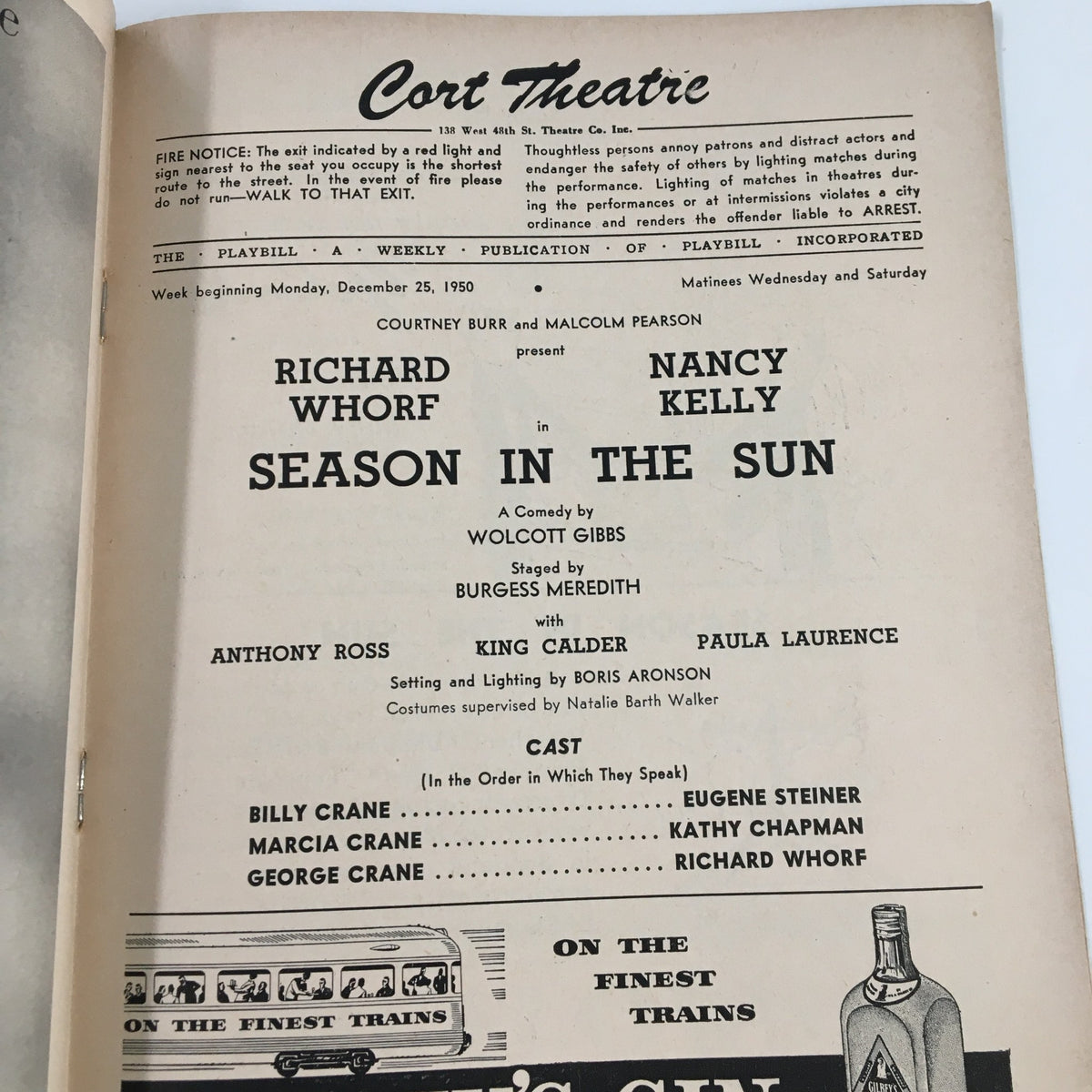 Authentic 1950 Playbill from the Cort Theatre featuring Richard Whorf and Nancy Kelly in "Season in the Sun," showcasing details of the production such as cast, crew, and theatre information.