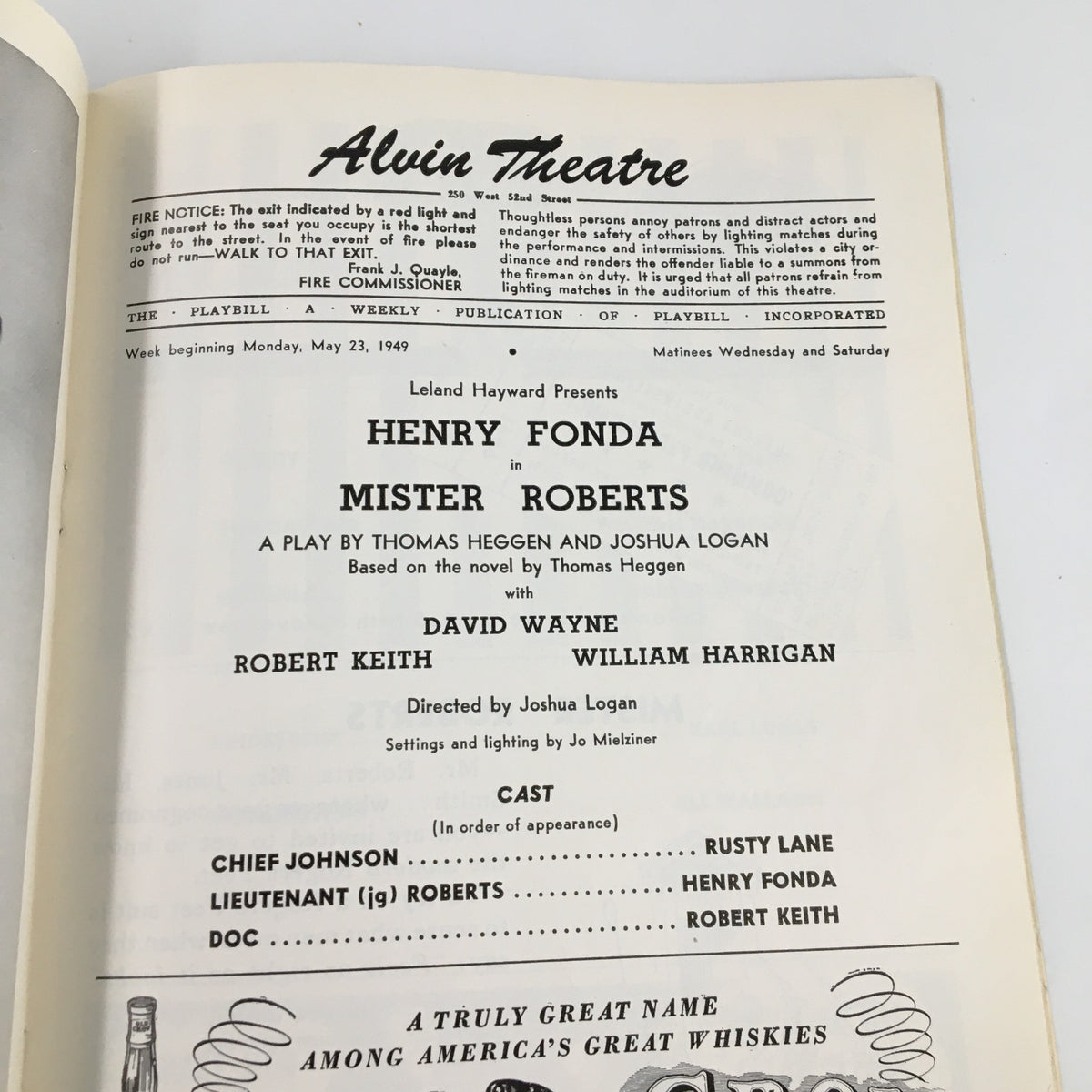 1949 Playbill for Mister Roberts at Alvin Theatre, detailing cast and production information, prominently featuring Henry Fonda.