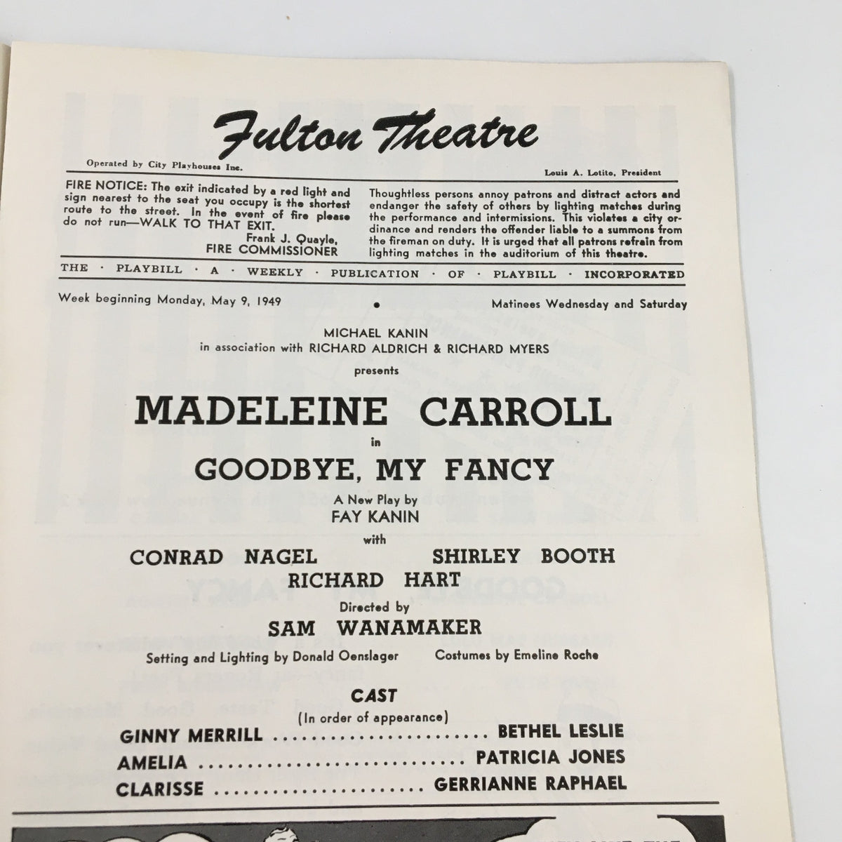 Interior page of the 1949 Playbill for the Fulton Theatre, highlighting Madeleine Carroll in 'Goodbye, My Fancy'. Includes cast details and production information for the play.