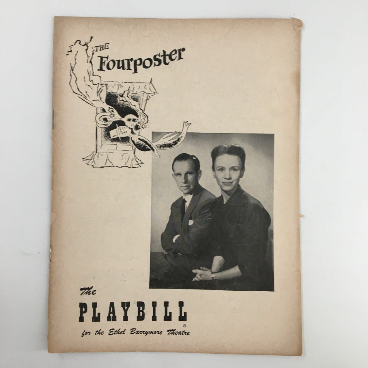 1952 Playbill titled 'The Fourposter' featuring a vintage photograph of a man and woman, representing the iconic Ethel Barrymore Theatre performance with Jessica Tandy.