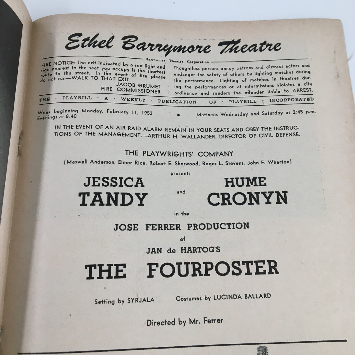Interior page of the 1952 Playbill from Ethel Barrymore Theatre showcasing cast details including Jessica Tandy and Hume Cronyn in 'The Fourposter'.