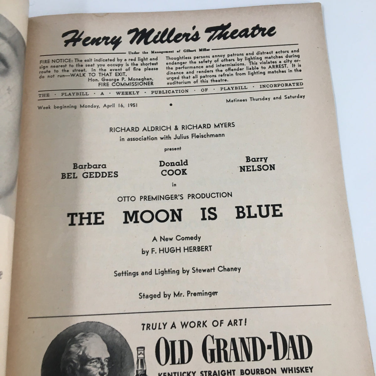 1951 Playbill for The Moon is Blue at Henry Miller's Theatre featuring Donald Cook, showcasing the production details, cast, and promotional advertisements.