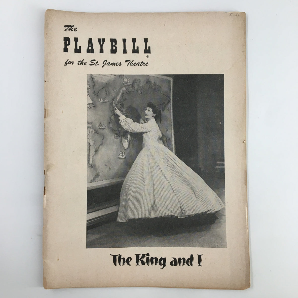 Cover of the 1951 Playbill for the St. James Theatre featuring Gertrude Lawrence in The King and I, showcasing a vintage theater aesthetic.