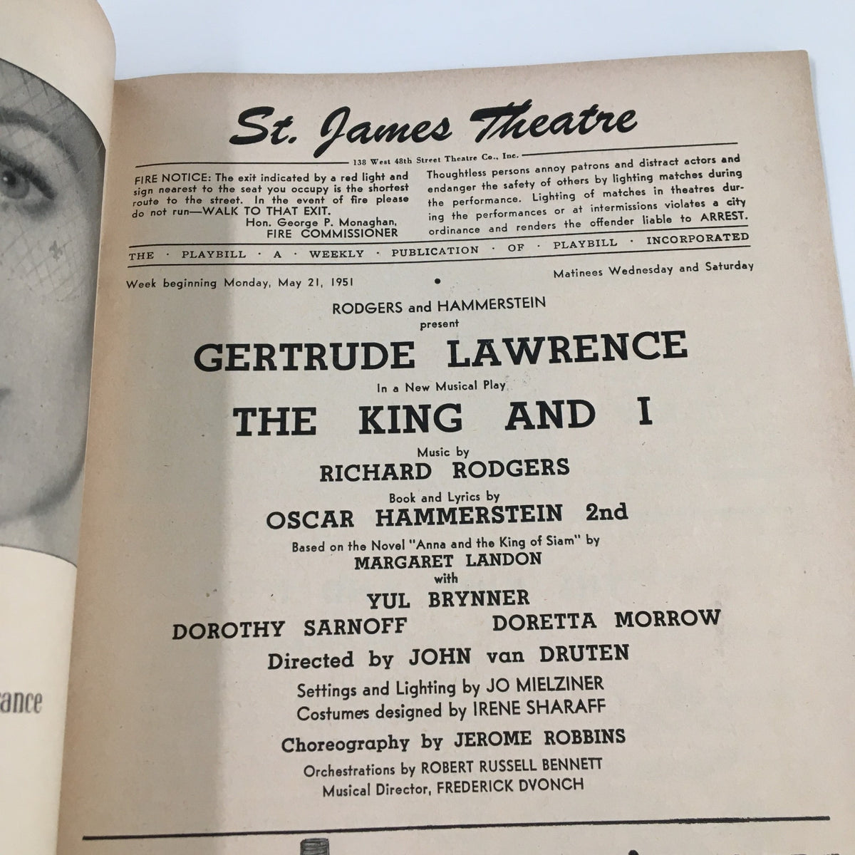 Interior page of the 1951 Playbill for the St. James Theatre featuring a performance of The King and I by Richard Rodgers, including credits for the cast and creative team.