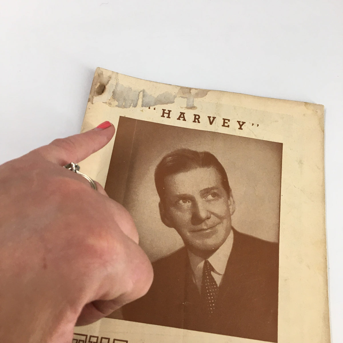 Close-up view of the 1946 Playbill for Harvey by Mary Chase, highlighting Frank Fay's name and the 'Harvey' title.