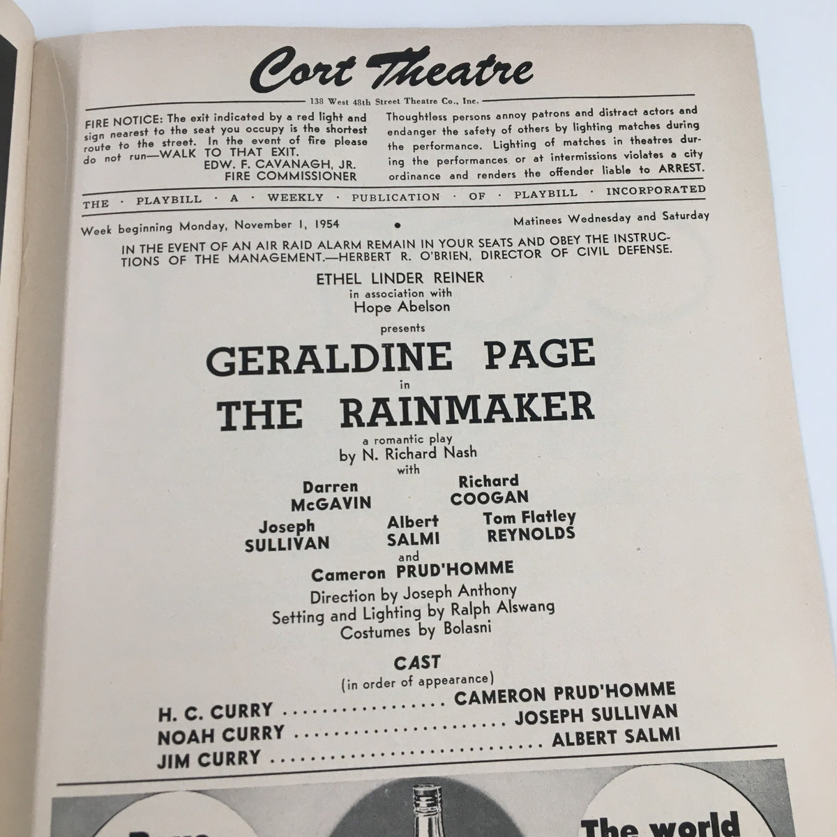 Interior page of the 1954 Playbill from the Cort Theatre showing Geraldine Page in The Rainmaker, detailing the cast and production information.