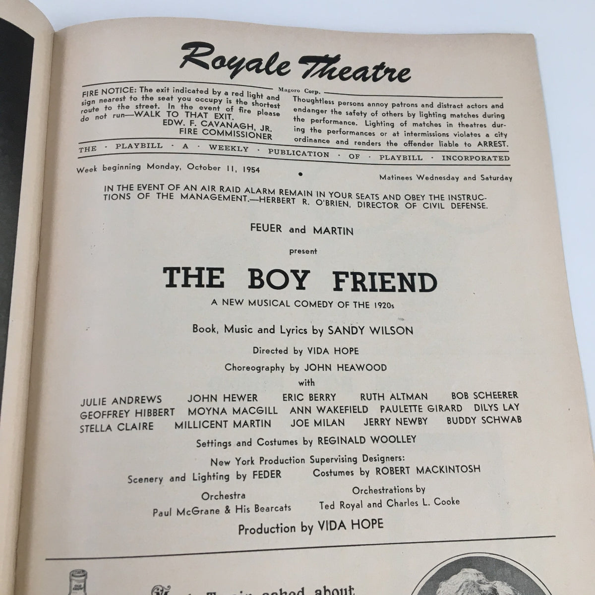 Interior page of the 1954 Playbill for The Boy Friend at Royale Theatre, outlining the cast and production details.