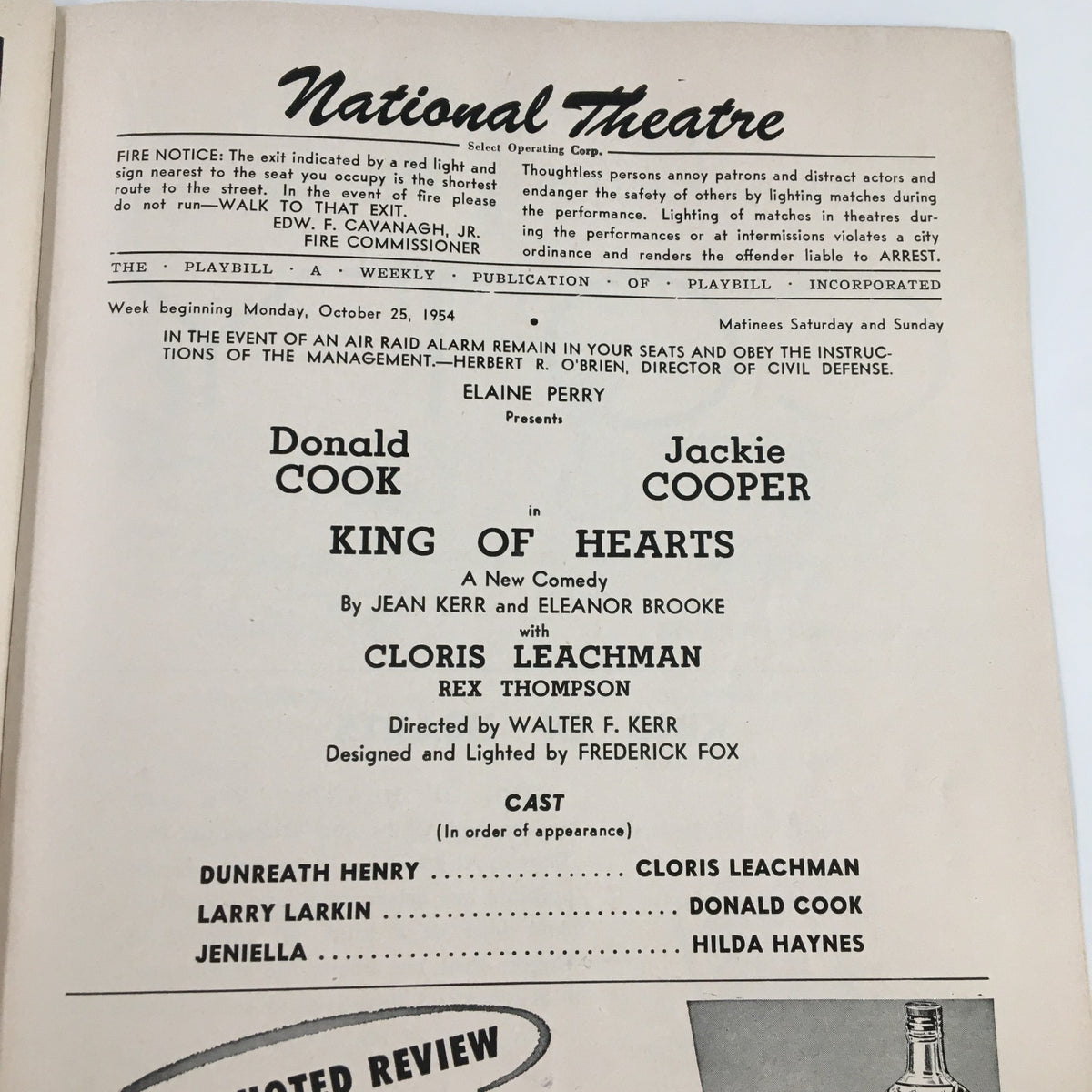 Interior page of the 1954 Playbill for the National Theatre, highlighting details of the King of Hearts production starring Donald Cook and Jackie Cooper, including cast and crew information.