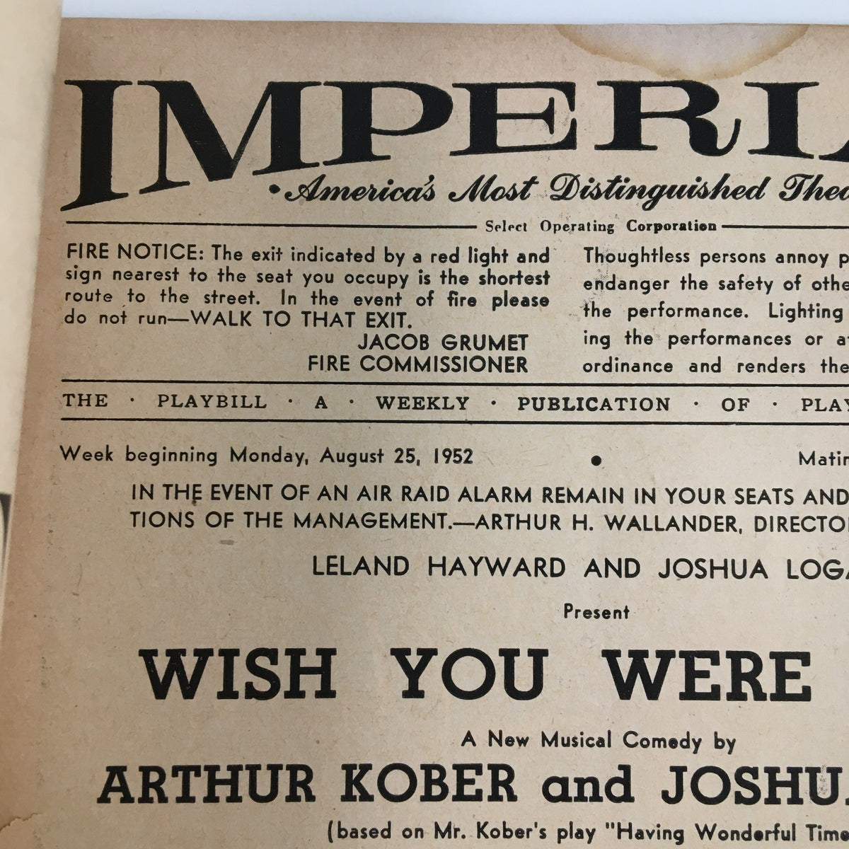 Promotional details from the 1952 Playbill for 'Wish You Were Here' at the Imperial Theatre, including performance information.