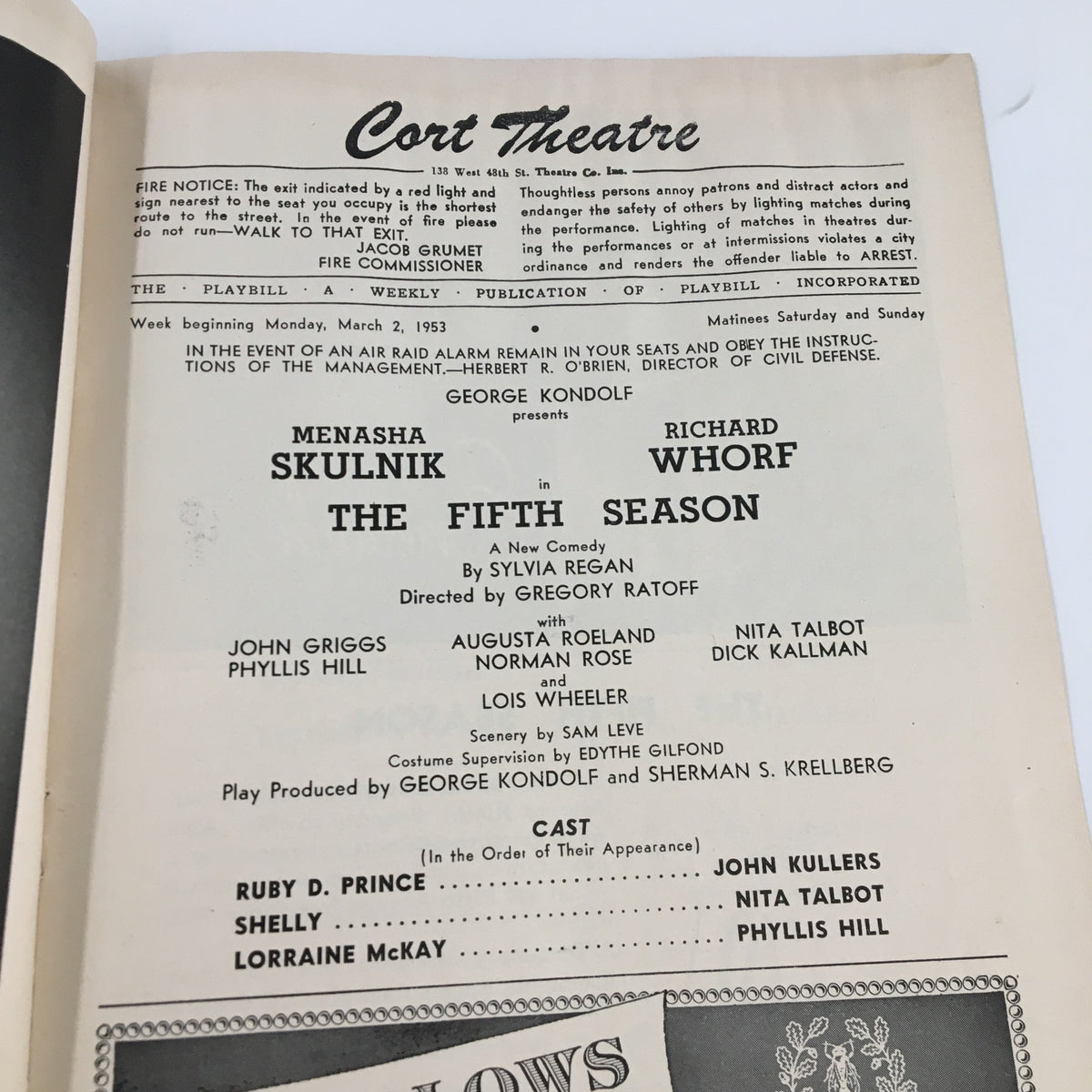 Inside page of the 1953 Playbill for The Cort Theatre, featuring cast details for The Fifth Season by Sylvia Regan.