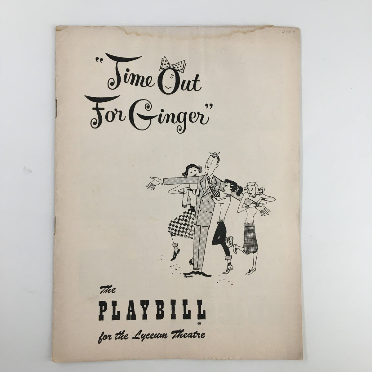 Vintage 1953 Playbill for 'Time Out For Ginger' featuring Melvyn Douglas at the Lyceum Theatre, showcasing an illustrated cover with characters in 1950s attire.