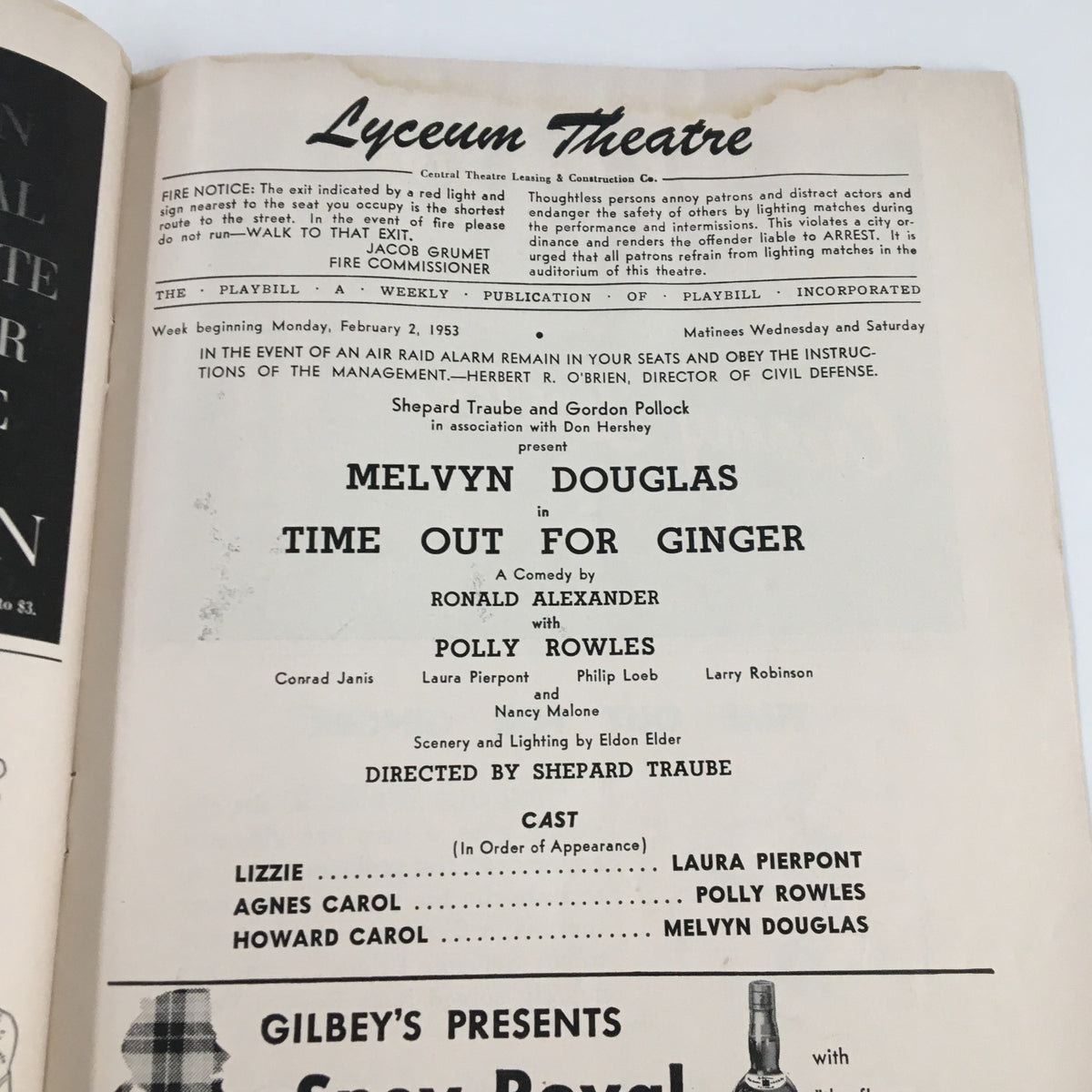 Inside page of the 1953 Playbill from the Lyceum Theatre, featuring Melvyn Douglas in Time Out For Ginger, detailing cast information and performance dates.