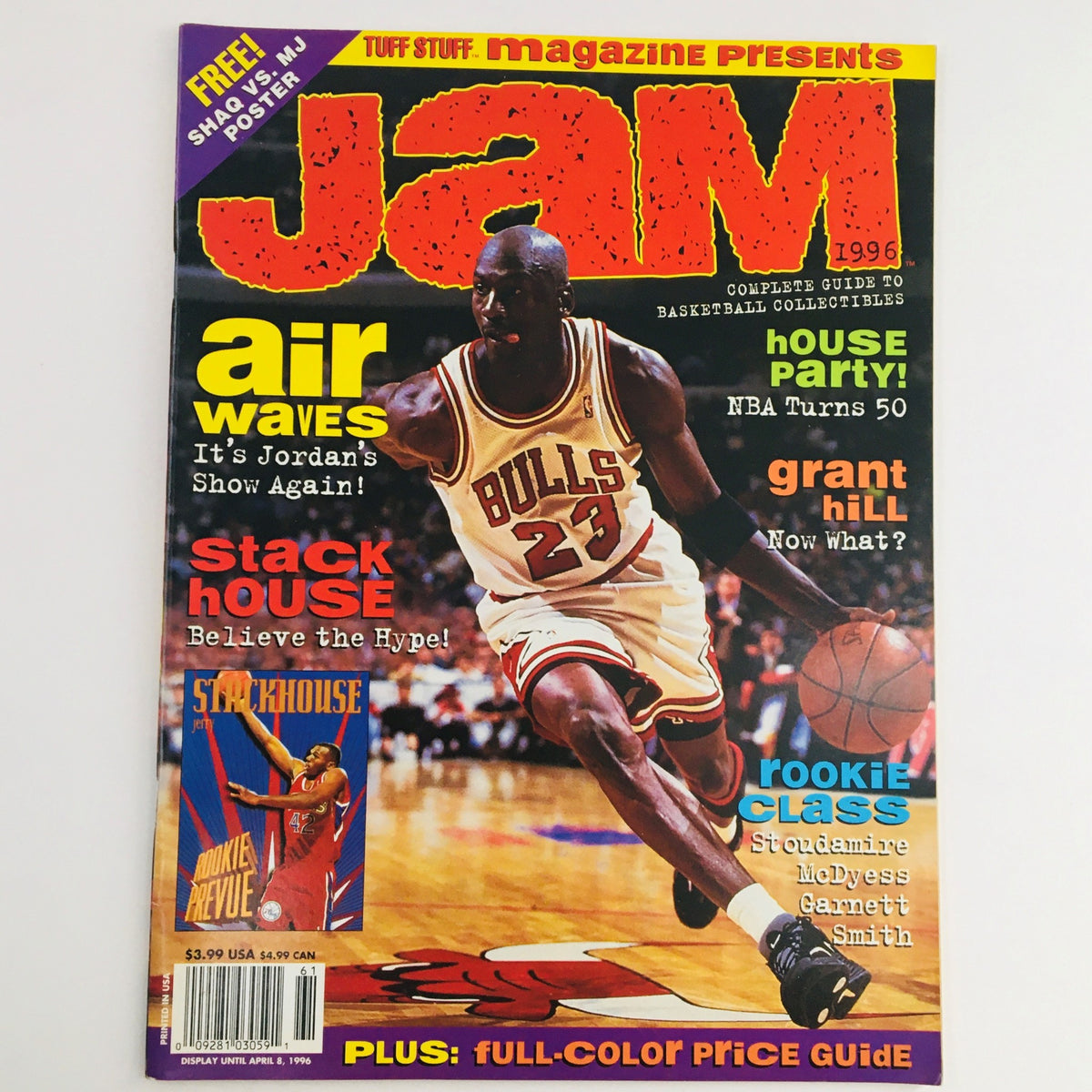 Jam Magazine 1996 featuring Michael Jordan on the cover, showcasing basketball collectibles and includes a poster inside. A vibrant issue highlighting Jordan's legacy, with bold graphics and key sports headlines.