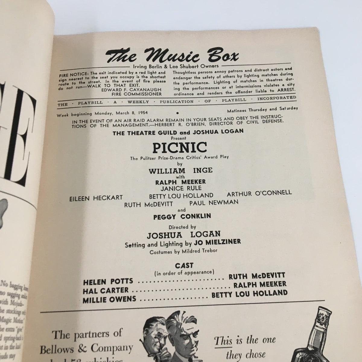 Interior of the 1954 Playbill for The Music Box, highlighting cast details and production credits for Picnic by William Inge.