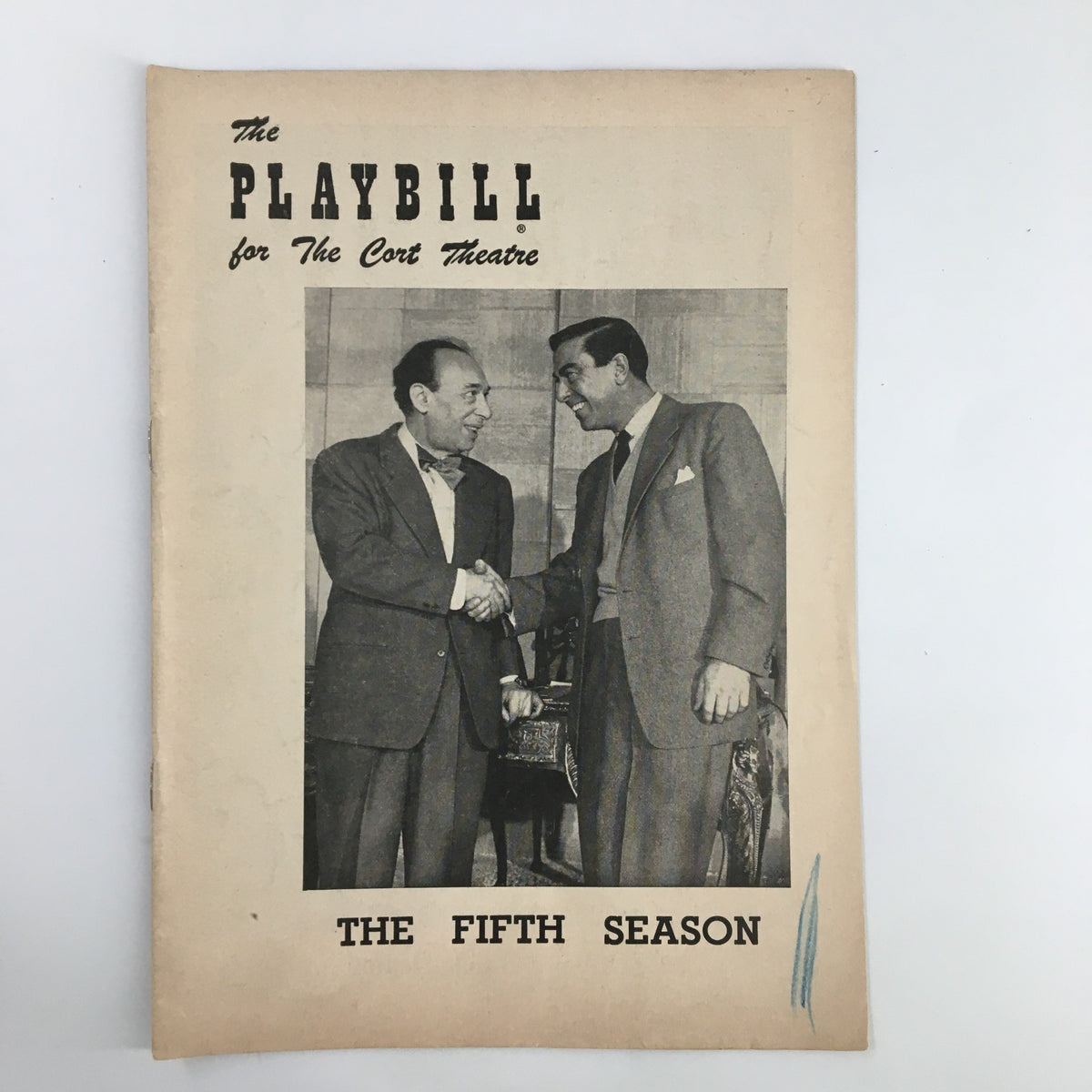 1954 Playbill for The Fifth Season at the Cort Theatre featuring a photo of Menasha Skulnik and another actor shaking hands.