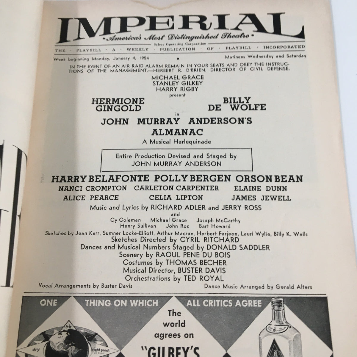 Inside page of the 1954 Playbill for The Imperial Theatre, detailing the cast including Hermione Gingold and production information for John Murray Anderson's Almanac.